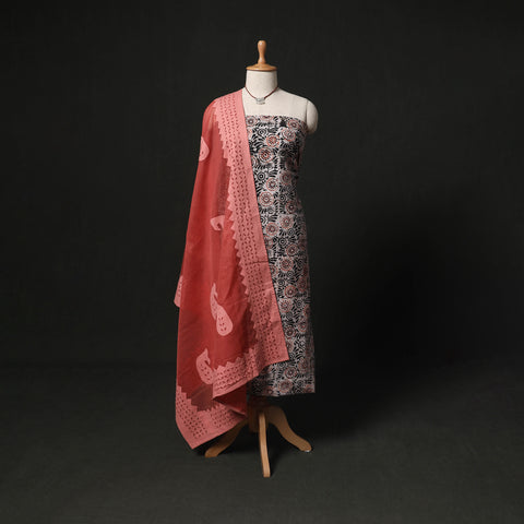 Batik Hand Block Print 2pc Cotton Unstitched Dress Material Kurta Set with Jewellery 02