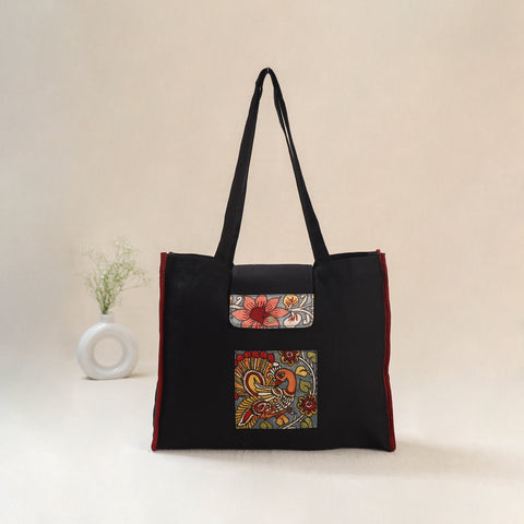 Black - Srikalahasti Handpainted Kalamkari Shoulder Bag 50
