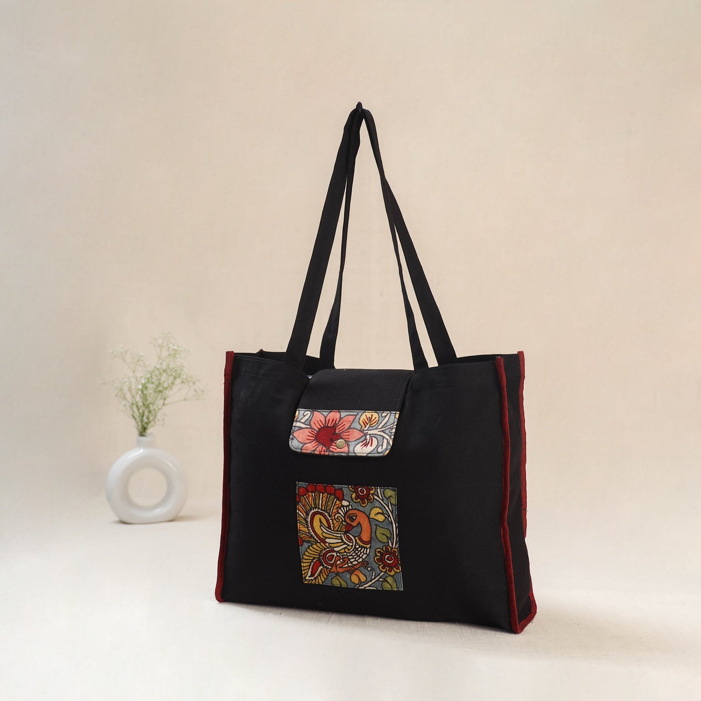 Black - Srikalahasti Handpainted Kalamkari Shoulder Bag 50