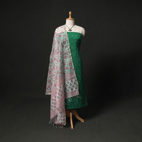 Pochampally Ikat Woven 2pc Cotton Unstitched Dress Material Kurta Set with Jewellery 06