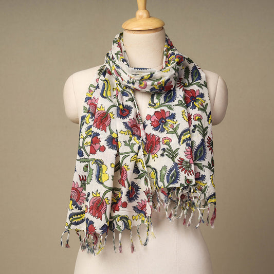 Multicolor - Multi-Coloured Floral Sanganeri Block Printed Cotton Stoles With Tassels