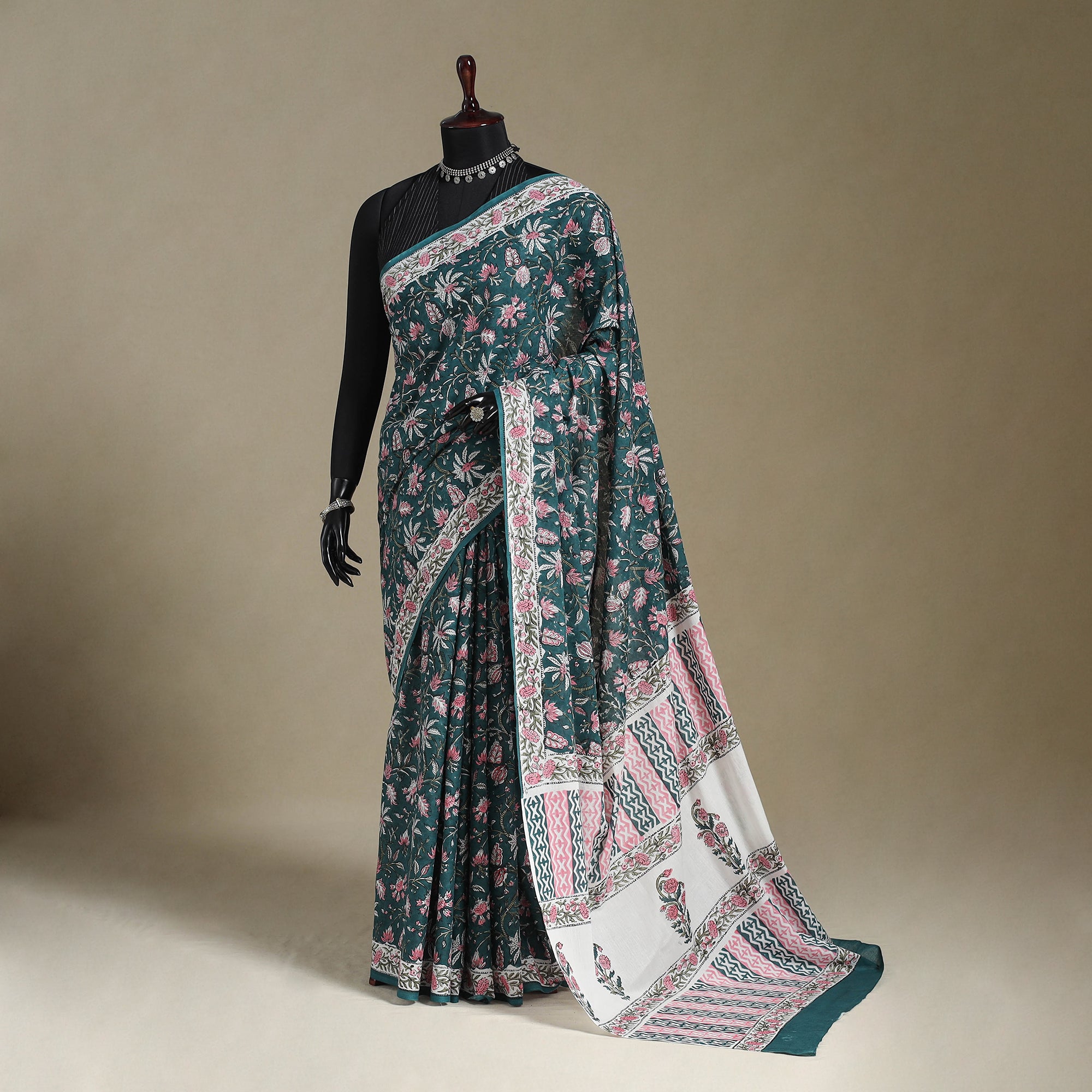 Green - Hand Block Pure Mul Cotton Sanganeri Floral Print Saree 29