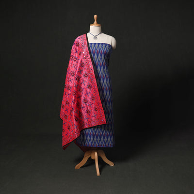 Pochampally Ikat Woven 2pc Cotton Unstitched Dress Material Kurta Set with Jewellery 12