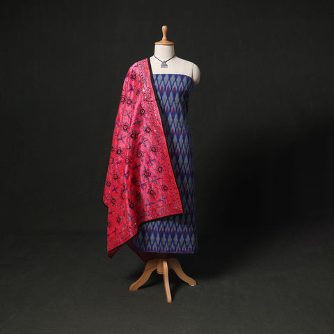 Pochampally Ikat Woven 2pc Cotton Unstitched Dress Material Kurta Set with Jewellery 12