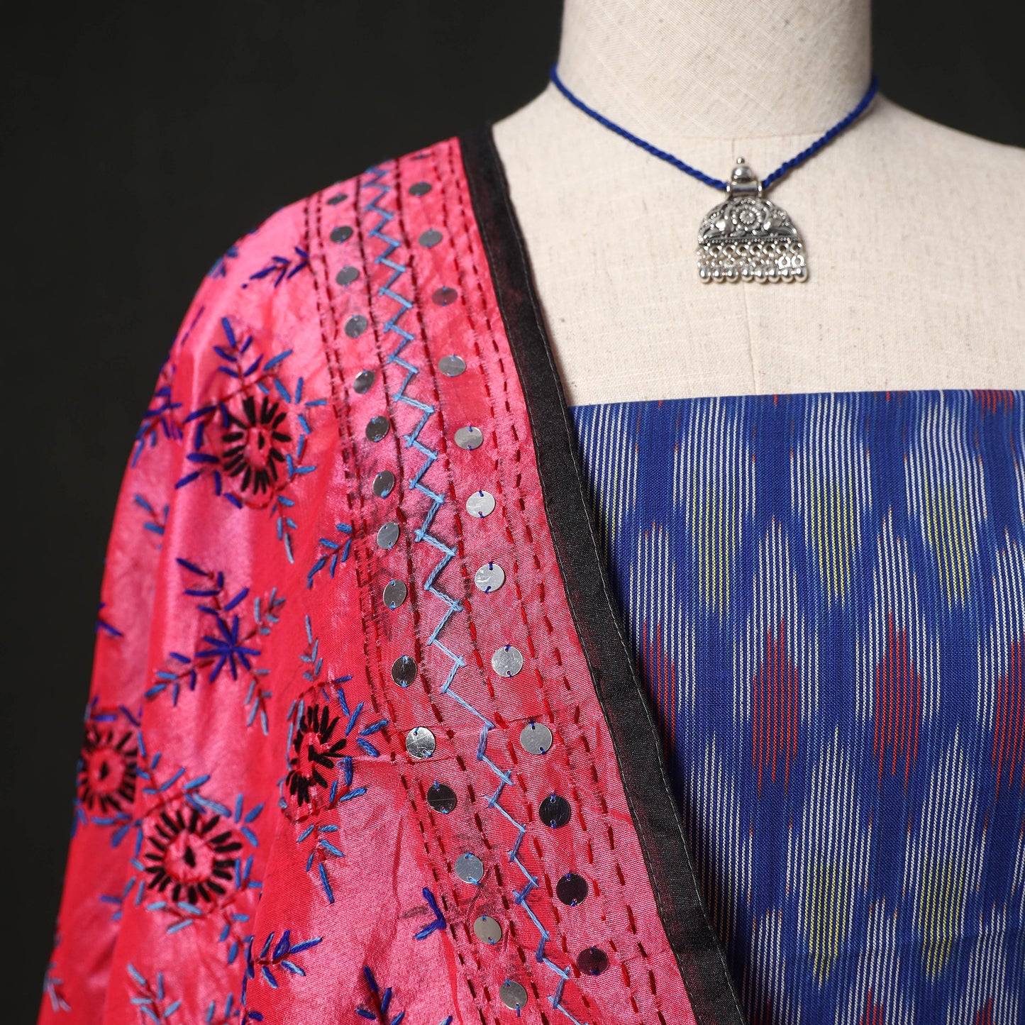 Pochampally Ikat Woven 2pc Cotton Unstitched Dress Material Kurta Set with Jewellery 12