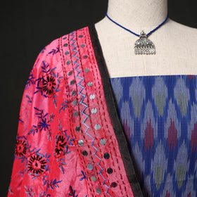 Pochampally Ikat Woven 2pc Cotton Unstitched Dress Material Kurta Set with Jewellery 12