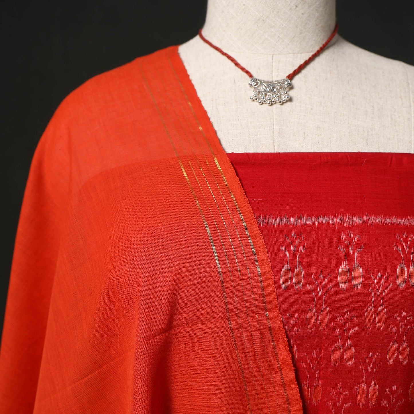 Sambalpuri Ikat Woven 2pc Cotton Unstitched Dress Material Kurta Set with Jewellery 13
