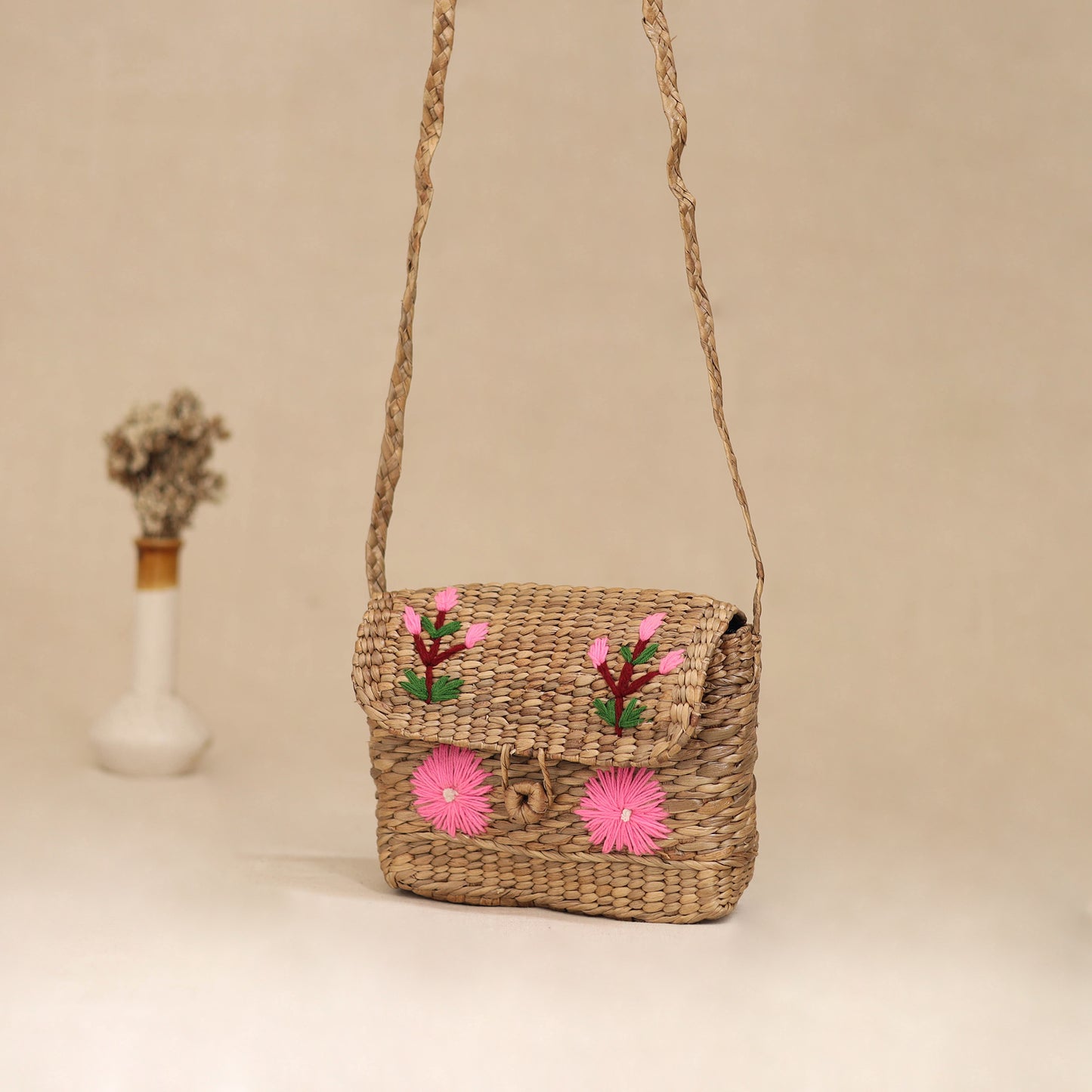 Handcrafted Natural Water Hyacinth Hand Embroidered Sling Bag 01