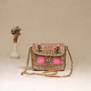 Beige - Handcrafted Natural Water Hyacinth Hand Embroidered Sling Bag 01