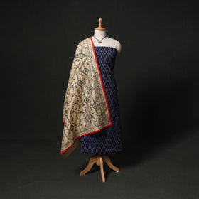 Pochampally Ikat Woven 2pc Cotton Unstitched Dress Material Kurta Set with Jewellery 15