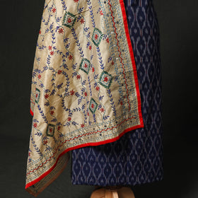 Pochampally Ikat Woven 2pc Cotton Unstitched Dress Material Kurta Set with Jewellery 15