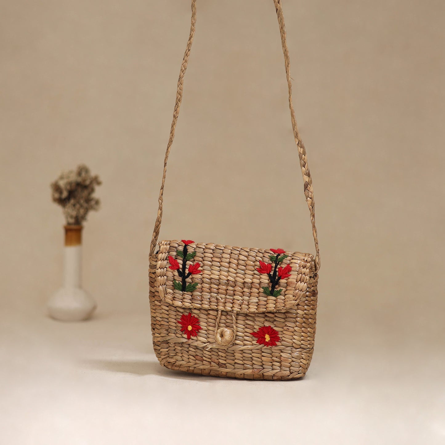 Handcrafted Natural Water Hyacinth Hand Embroidered Sling Bag 03