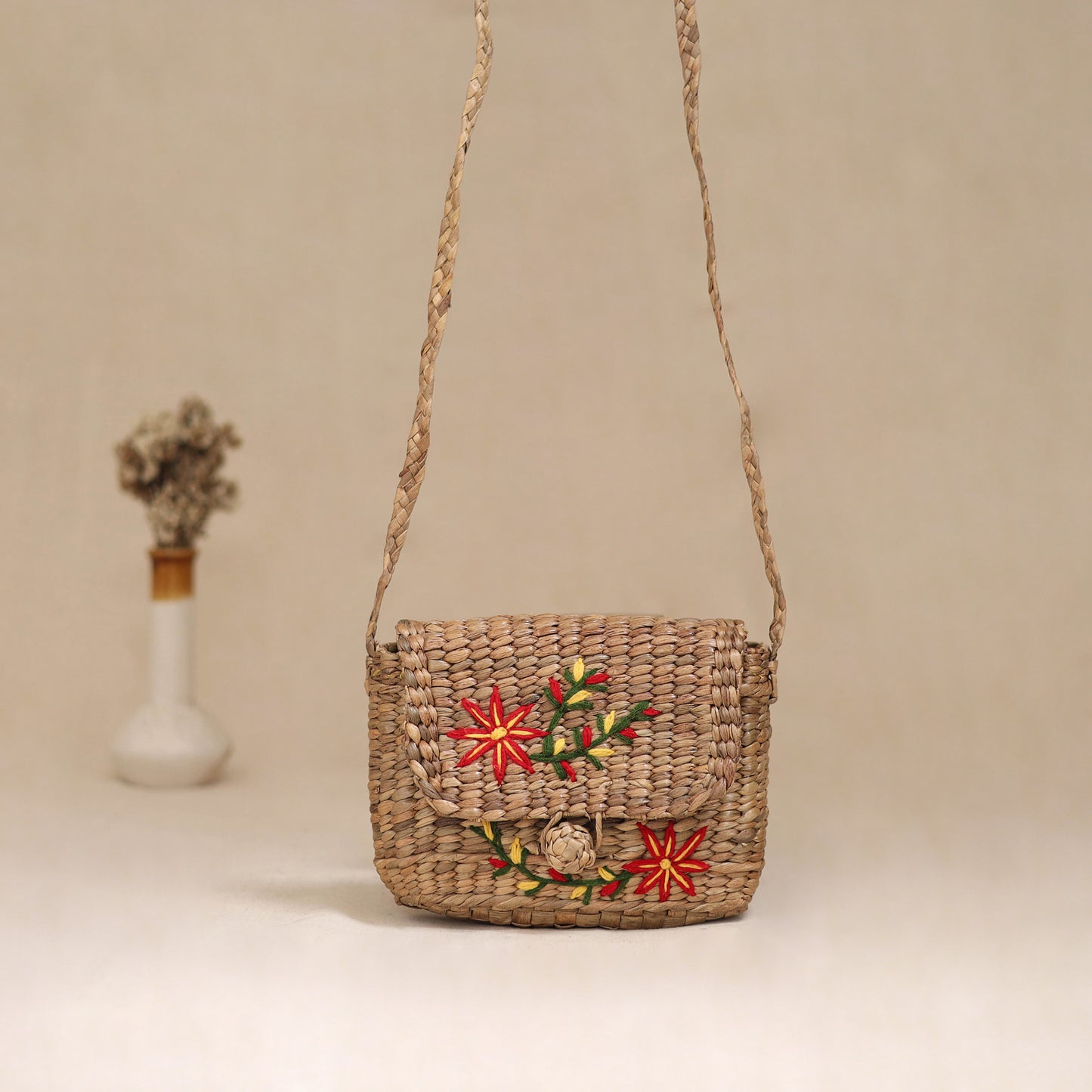 Handcrafted Natural Water Hyacinth Hand Embroidered Sling Bag 09