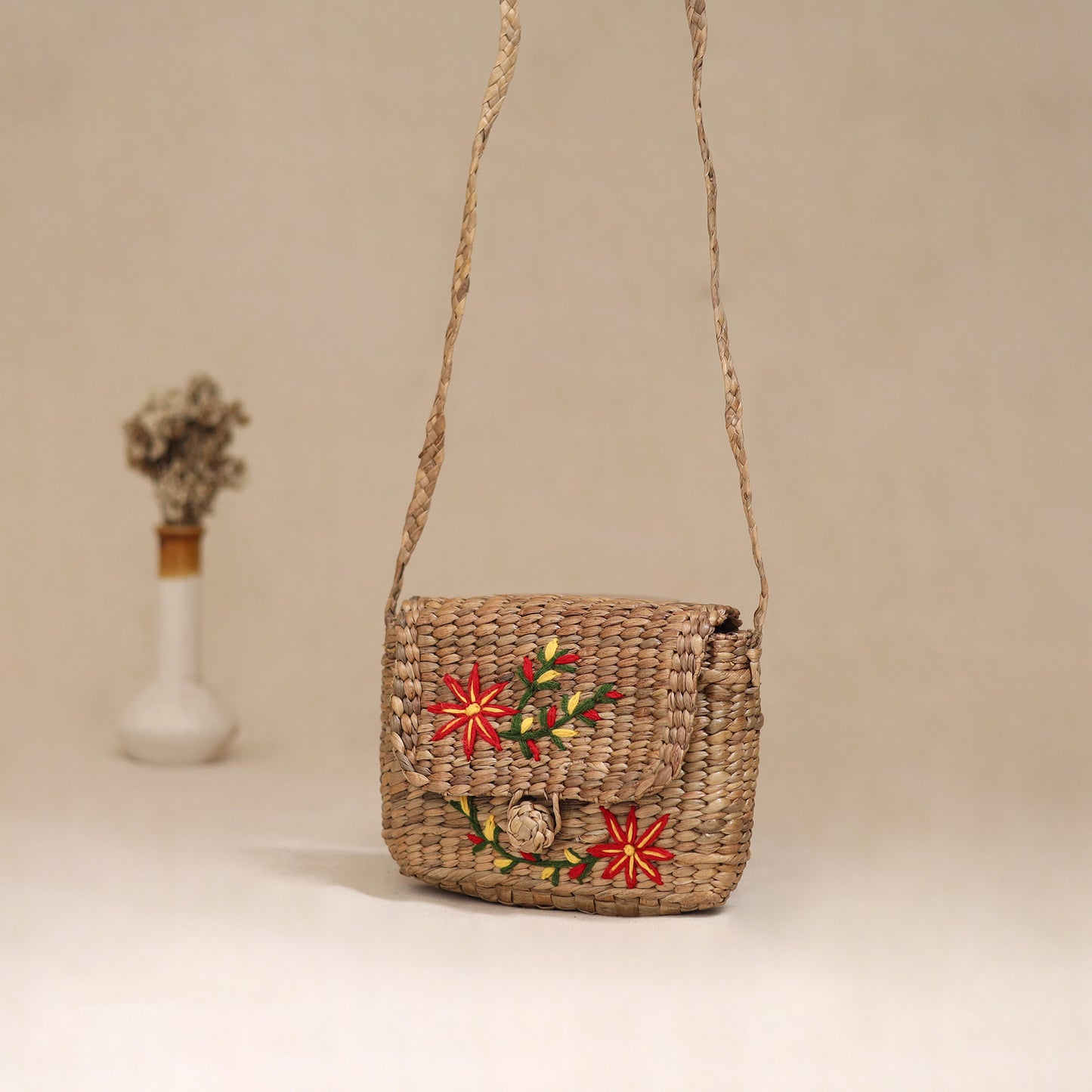 Handcrafted Natural Water Hyacinth Hand Embroidered Sling Bag 09