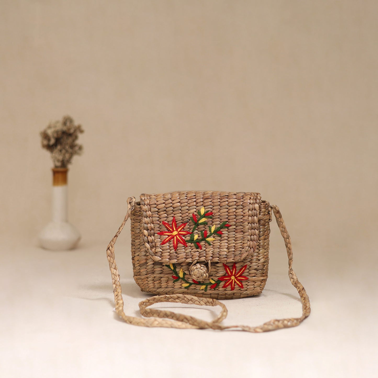 Handcrafted Natural Water Hyacinth Hand Embroidered Sling Bag 09