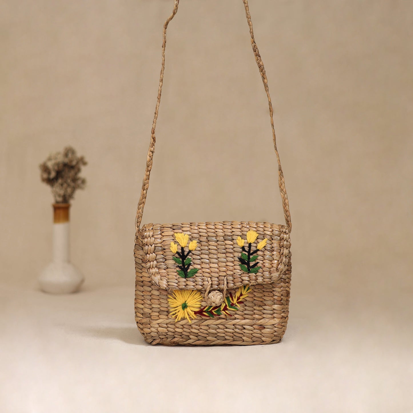 Handcrafted Natural Water Hyacinth Hand Embroidered Sling Bag 12