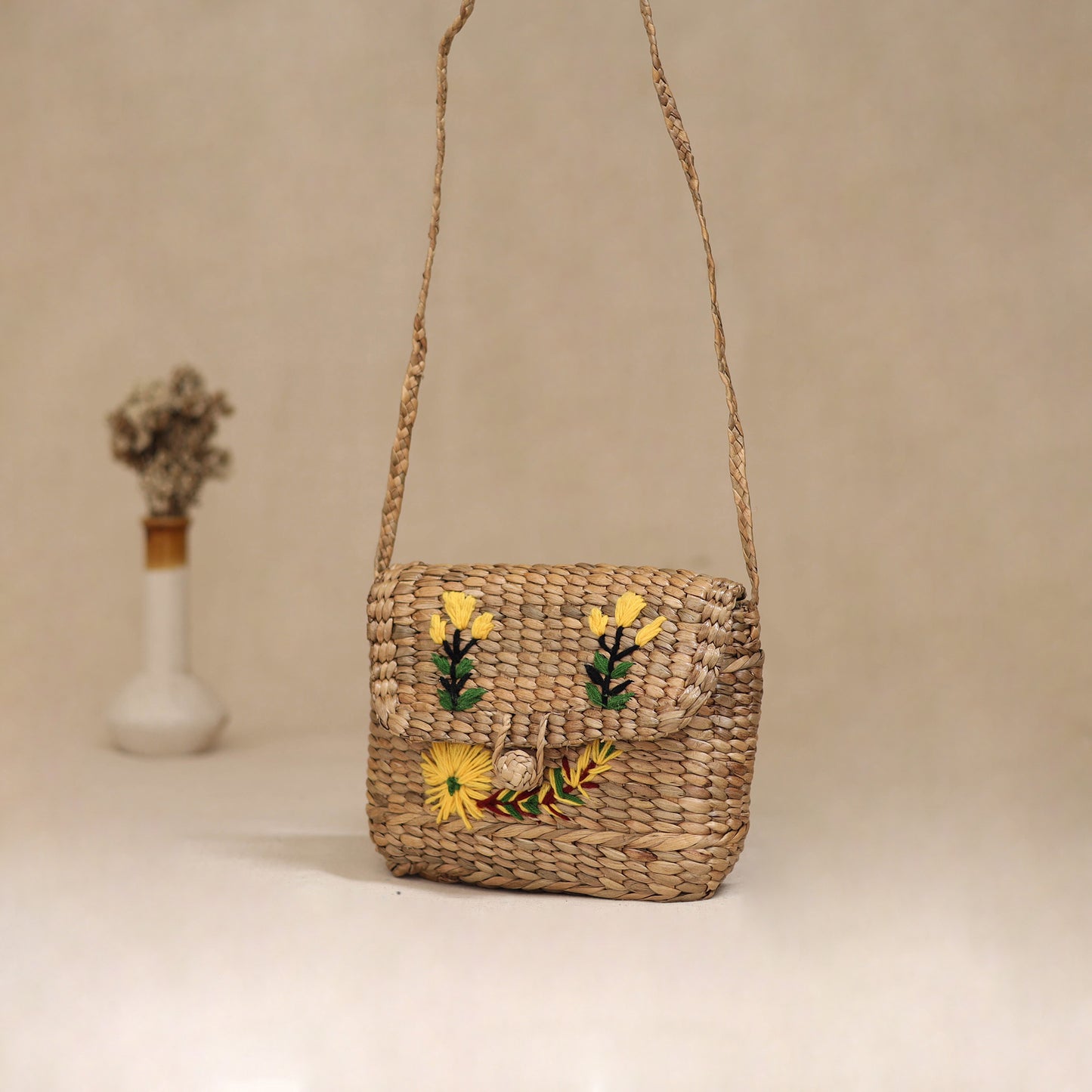 Handcrafted Natural Water Hyacinth Hand Embroidered Sling Bag 12