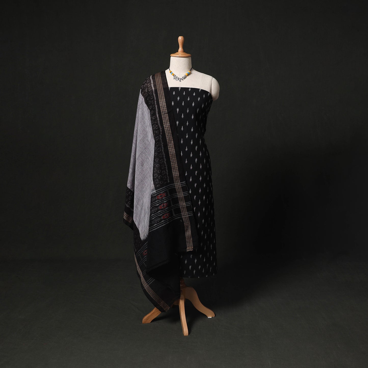 Pochampally Ikat Woven 2pc Cotton Unstitched Dress Material Kurta Set with Jewellery 22