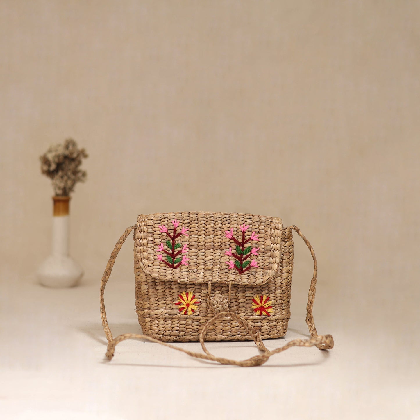 Handcrafted Natural Water Hyacinth Hand Embroidered Sling Bag 15
