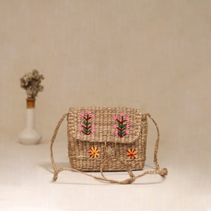 Beige - Handcrafted Natural Water Hyacinth Hand Embroidered Sling Bag 15