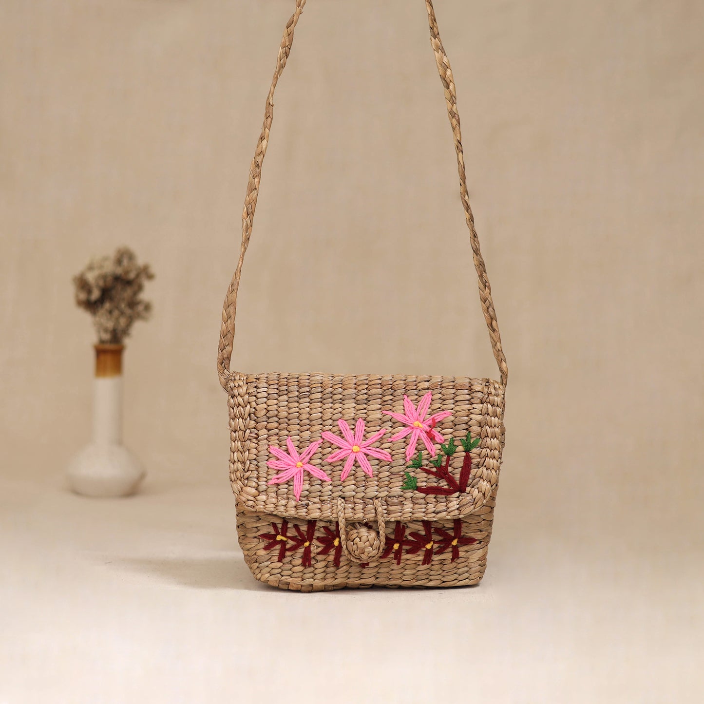 Handcrafted Natural Water Hyacinth Hand Embroidered Sling Bag 18