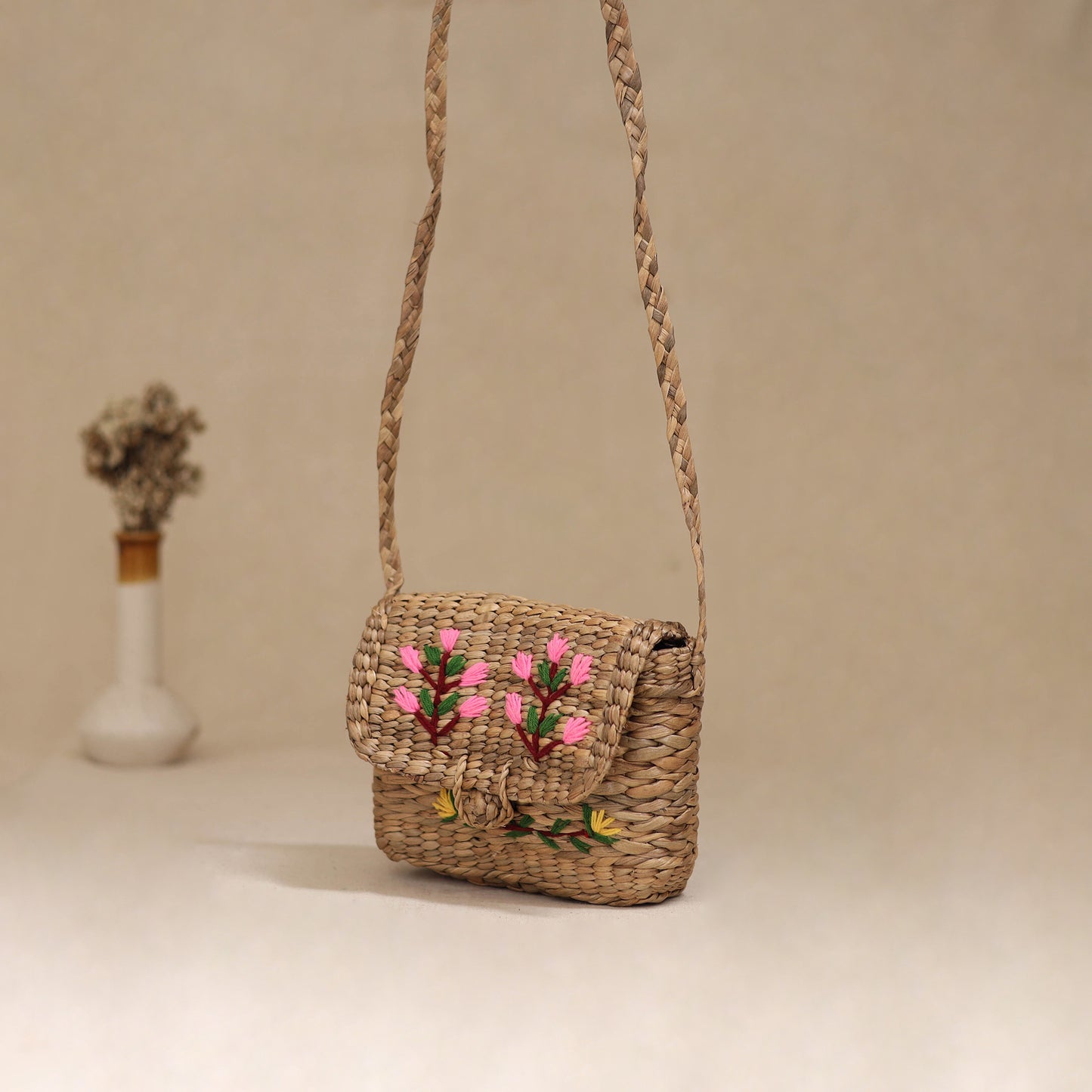 Handcrafted Natural Water Hyacinth Hand Embroidered Sling Bag 22