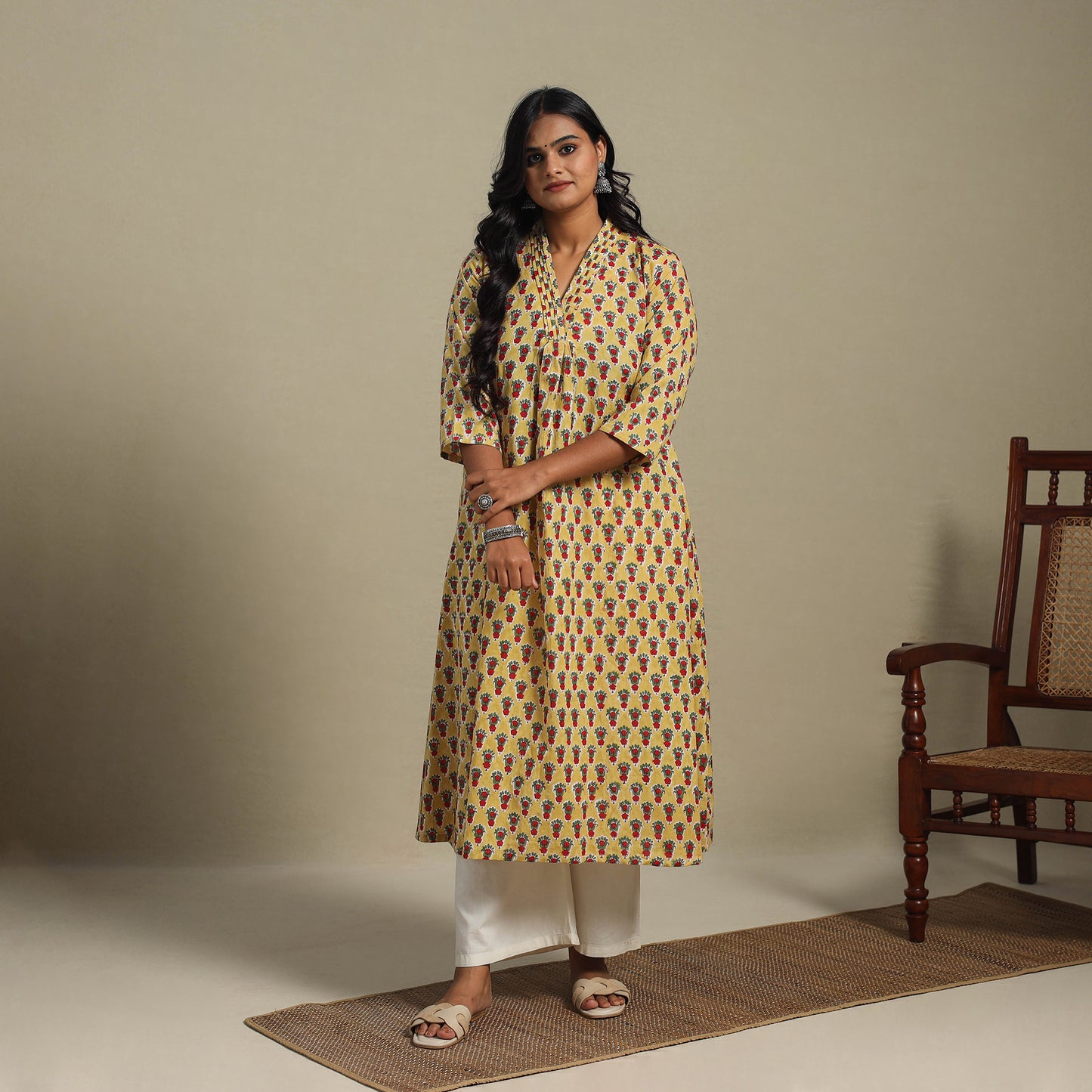 Yellow - cotton a-line sanganeri kurta 32 - handcrafted