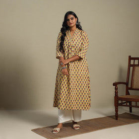 Yellow - cotton a-line sanganeri kurta 32 - handcrafted