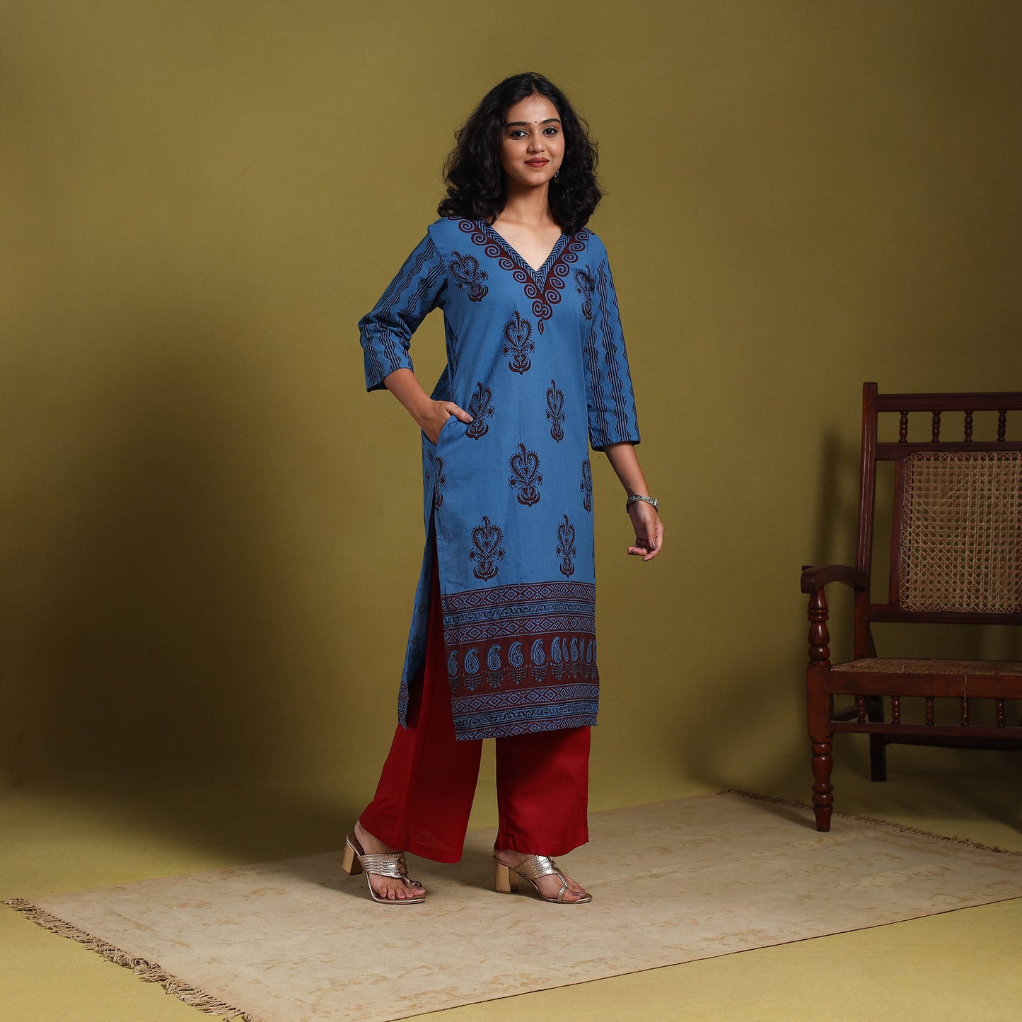 Blue - natural dyed cotton straight bagh kurta 09