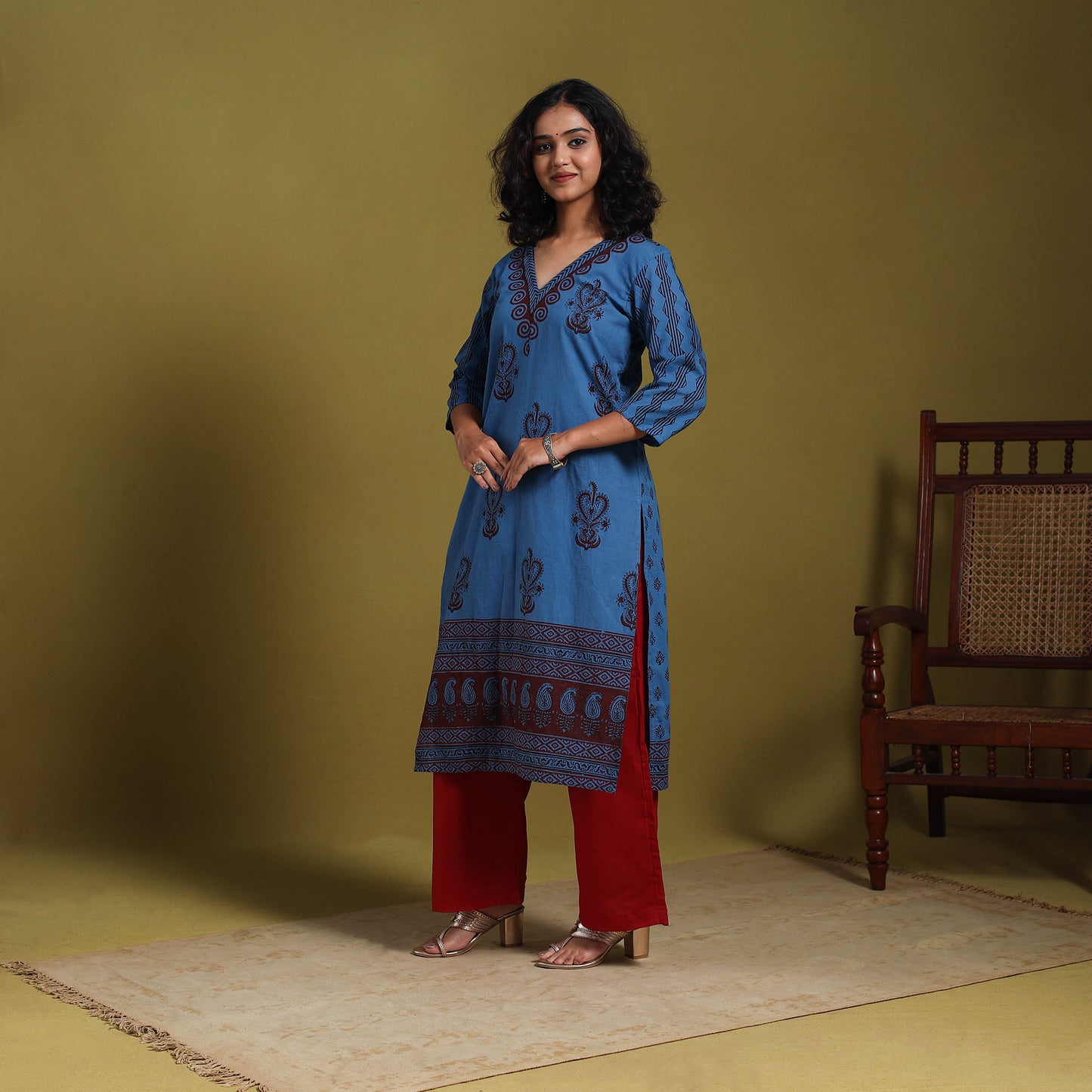 Blue - natural dyed cotton straight bagh kurta 09