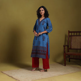 Blue - natural dyed cotton straight bagh kurta 09