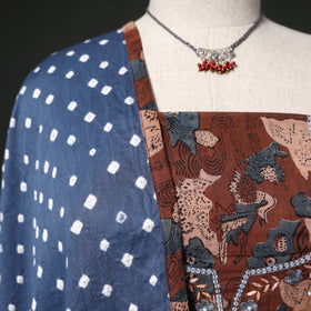 Hand Embroidered Ajrakh Block Print Cotton Natural Dyed 2pc Unstitched Dress Material Kurta Set with Jewellery 01