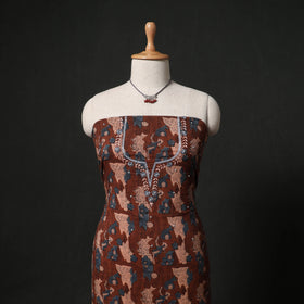 Hand Embroidered Ajrakh Block Print Cotton Natural Dyed 2pc Unstitched Dress Material Kurta Set with Jewellery 01