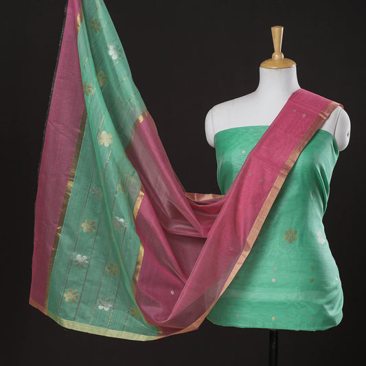 Green - 2pc Chanderi Silk Handloom Flower Zari Buta Suit Material Set