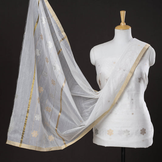 White - 2pc Chanderi Silk Handloom Flower Zari Buta Suit Material Set