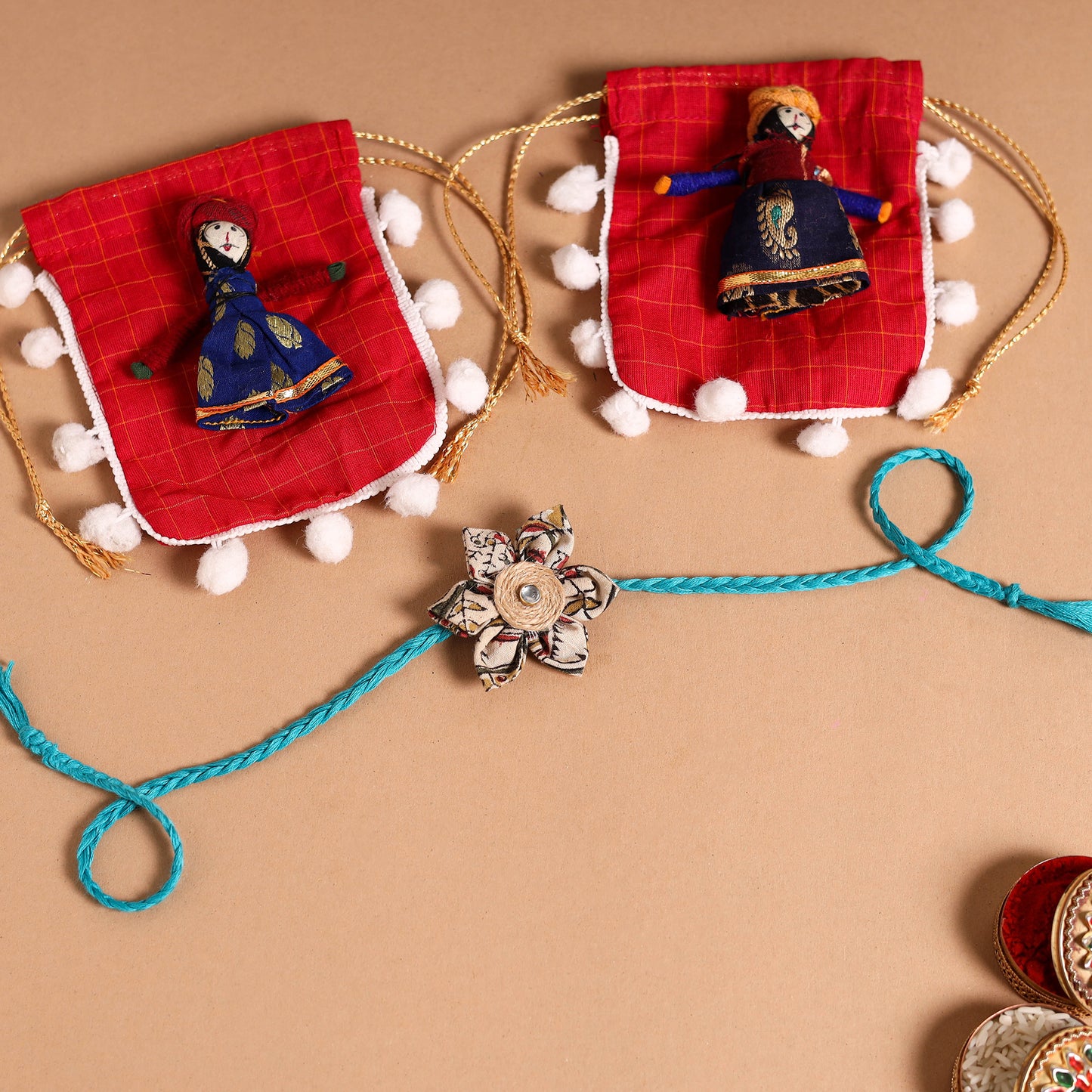  Handmade Fabric Flower Jute Rakhi (Set of 2)