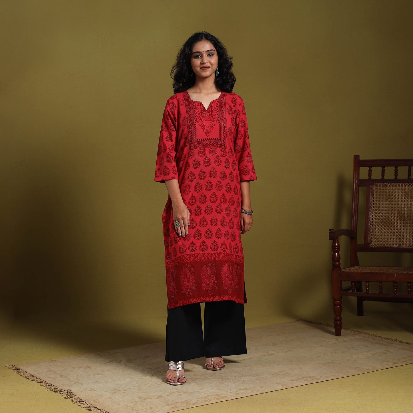 Red - natural dyed cotton straight bagh kurta 03