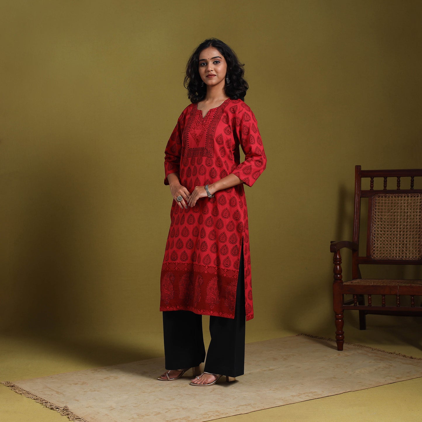 Red - natural dyed cotton straight bagh kurta 03
