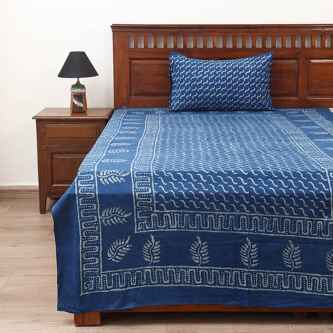 Blue - Hand Block Print Jhiri Pure Handloom Natural Dyed Cotton Single Akola Bedsheet Set (90 x 60 in) 01
