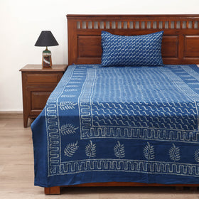 Blue - Hand Block Print Jhiri Pure Handloom Natural Dyed Cotton Single Akola Bedsheet Set (90 x 60 in) 01