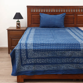 Blue - Hand Block Print Jhiri Pure Handloom Natural Dyed Cotton Single Akola Bedsheet Set (90 x 60 in) 02