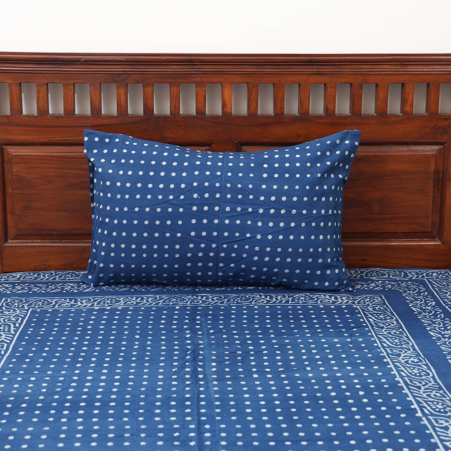 Blue - Hand Block Print Jhiri Pure Handloom Natural Dyed Cotton Single Akola Bedsheet Set (90 x 60 in) 02