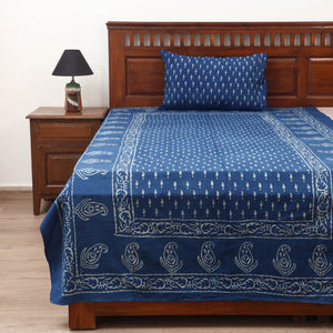 Blue - Hand Block Print Jhiri Pure Handloom Natural Dyed Cotton Single Akola Bedsheet Set (90 x 60 in) 03