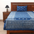 Blue - Hand Block Print Jhiri Pure Handloom Natural Dyed Cotton Single Akola Bedsheet Set (90 x 60 in) 05