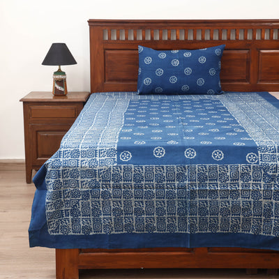 Blue - Hand Block Print Jhiri Pure Handloom Natural Dyed Cotton Single Akola Bedsheet Set (90 x 60 in) 05