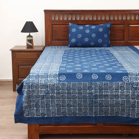 Blue - Hand Block Print Jhiri Pure Handloom Natural Dyed Cotton Single Akola Bedsheet Set (90 x 60 in) 05