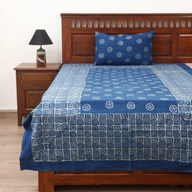 Blue - Hand Block Print Jhiri Pure Handloom Natural Dyed Cotton Single Akola Bedsheet Set (90 x 60 in) 05