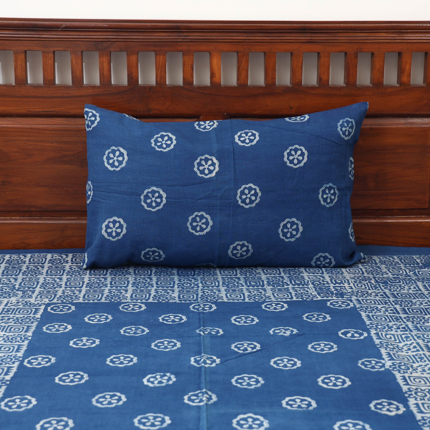 Blue - Hand Block Print Jhiri Pure Handloom Natural Dyed Cotton Single Akola Bedsheet Set (90 x 60 in) 05