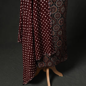Hand Embroidered Ajrakh Block Print Cotton Natural Dyed 2pc Unstitched Dress Material Kurta Set with Jewellery 07