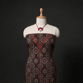 Hand Embroidered Ajrakh Block Print Cotton Natural Dyed 2pc Unstitched Dress Material Kurta Set with Jewellery 07